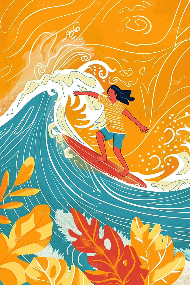 扁平风冲浪手绘海浪插画
