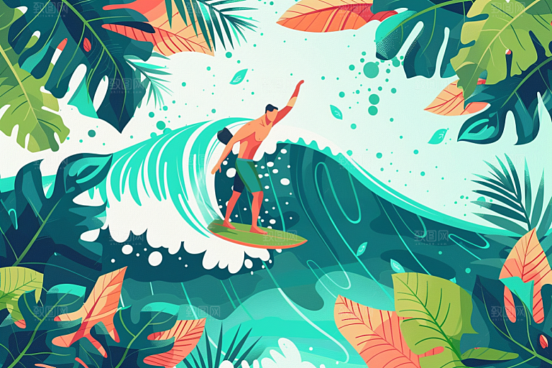 扁平风冲浪休闲运动插画