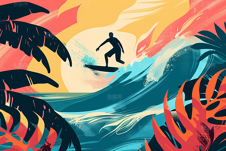 扁平风冲浪玩水夏天插画
