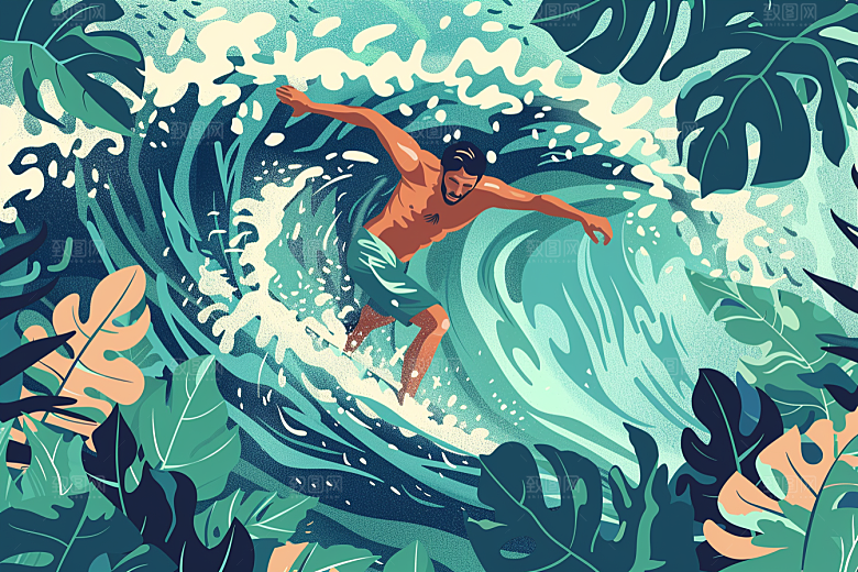 扁平风冲浪INS风水上运动插画