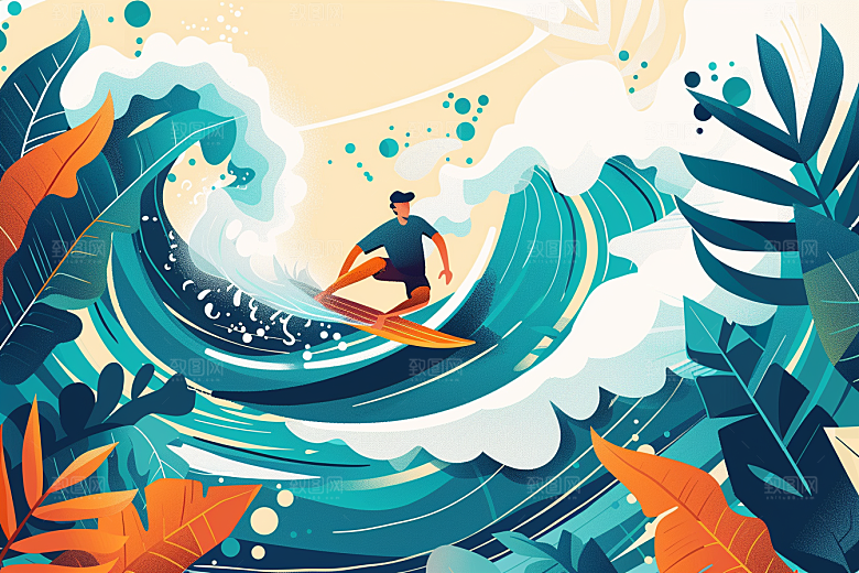 扁平风冲浪清新手绘插画