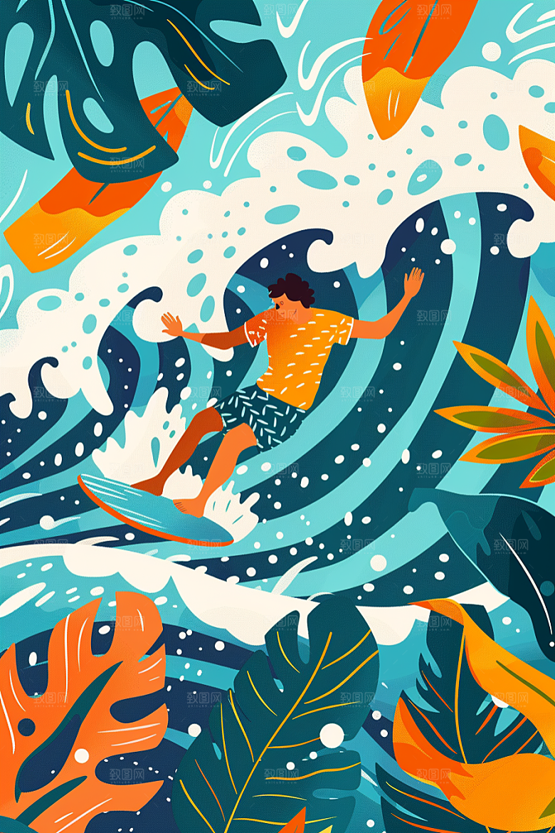 扁平风冲浪海浪体育插画