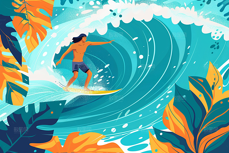 扁平风冲浪水上运动运动插画