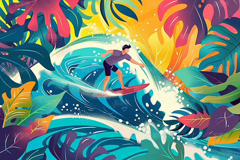 扁平风冲浪海边戏水插画