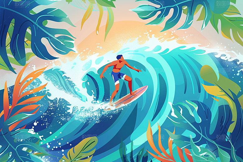 扁平风冲浪海边高清插画