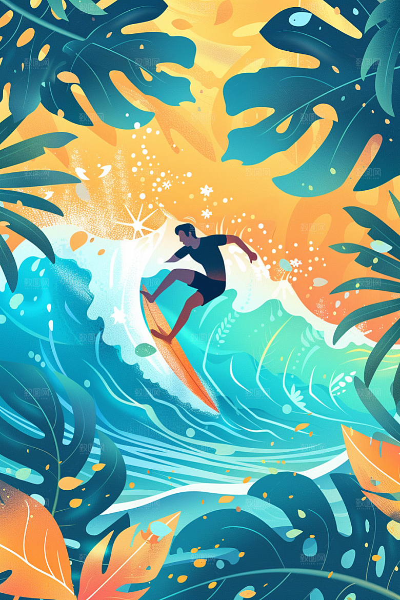 扁平风冲浪夏季玩水插画