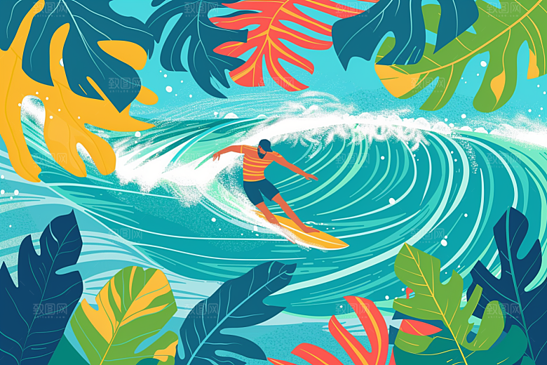 扁平风冲浪休闲手绘插画