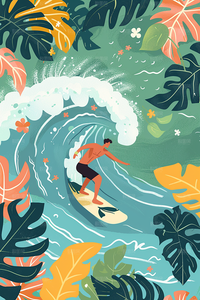 扁平风冲浪海边彩色插画