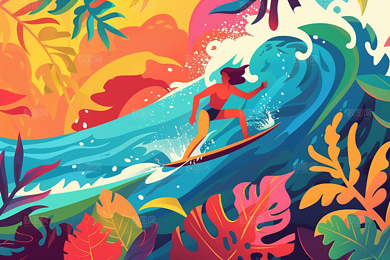 扁平风冲浪海边戏水插画