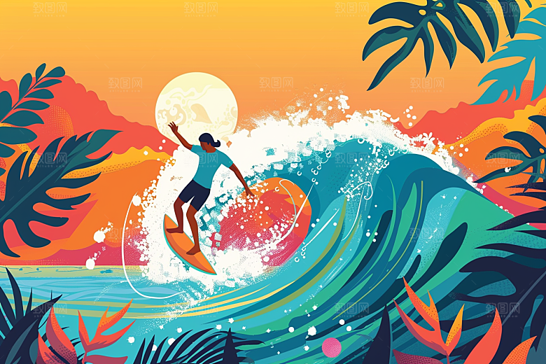 扁平风冲浪夏季高清插画