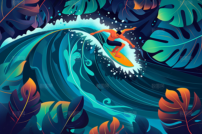 扁平风冲浪简约玩水插画