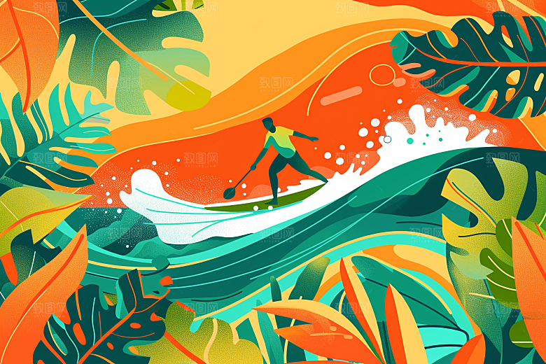 扁平风冲浪夏天INS风插画