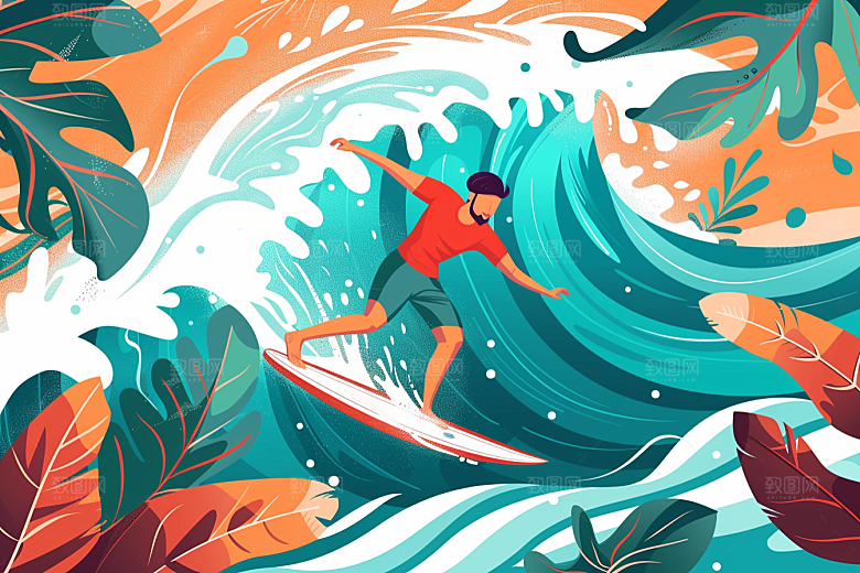 扁平风冲浪INS风海边插画