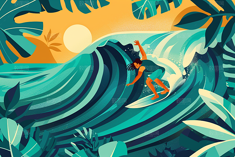 扁平风冲浪夏季海浪插画