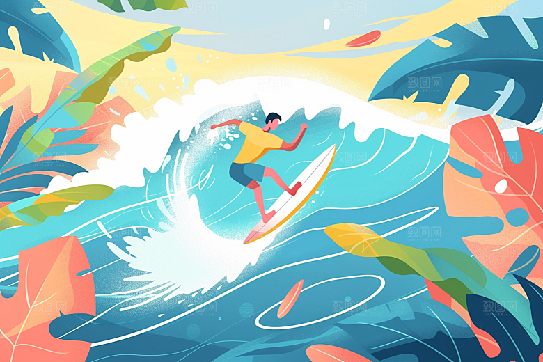 扁平风冲浪INS风海边插画