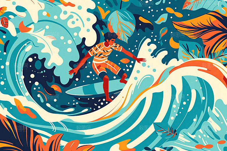 扁平风冲浪夏季玩水插画