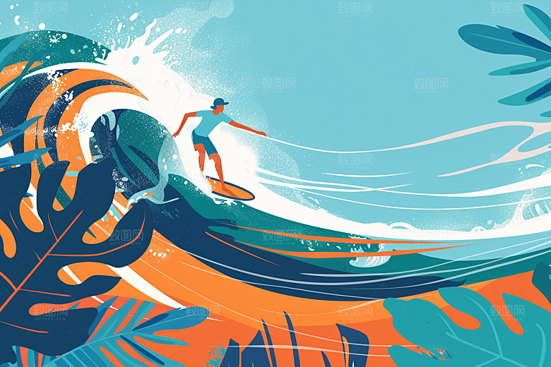 扁平风冲浪画报风海边插画