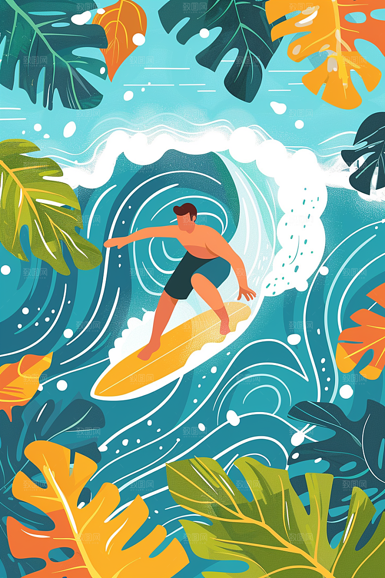 扁平风冲浪海边清新插画
