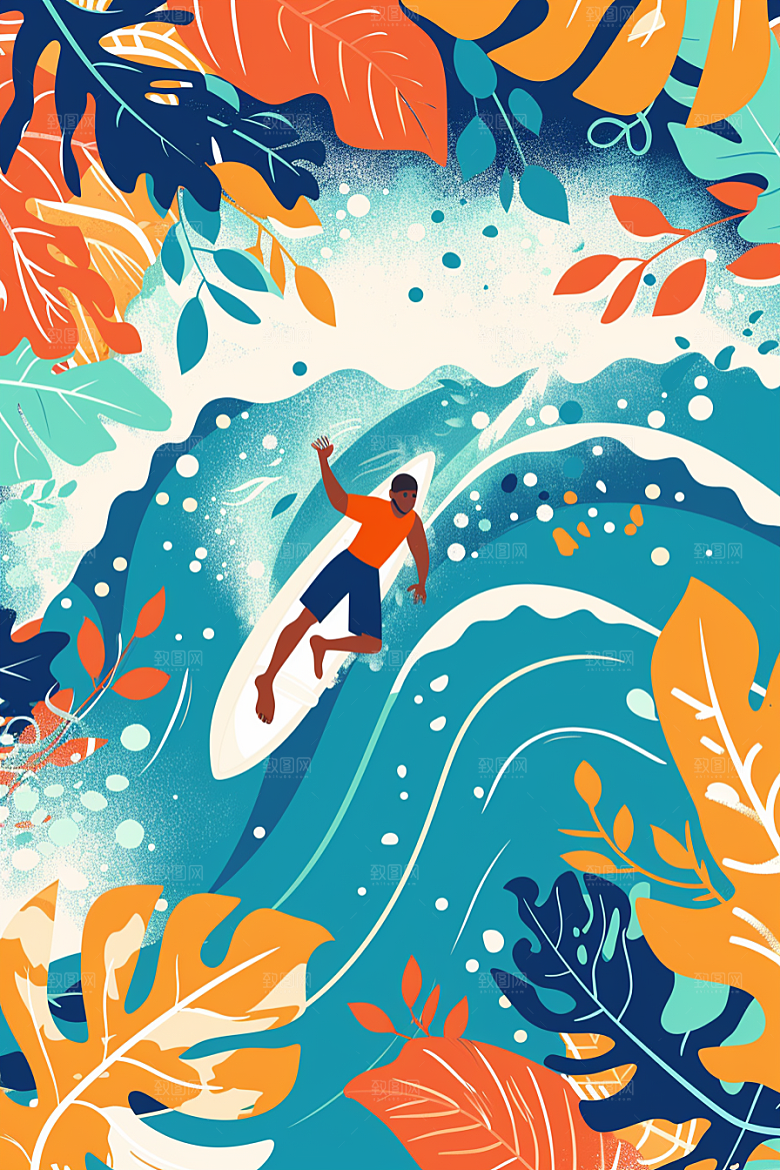 扁平风冲浪夏天玩水插画