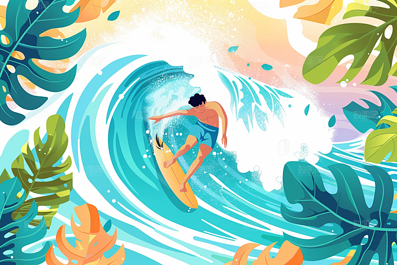 扁平风冲浪夏季海边插画