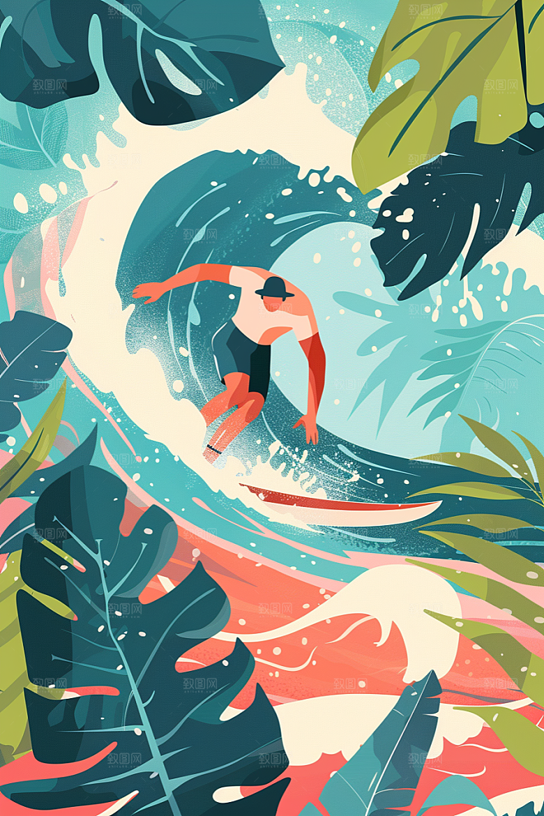 扁平风冲浪清新夏天插画