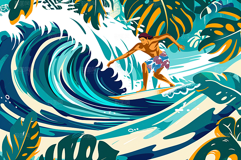 扁平风冲浪INS风海浪插画