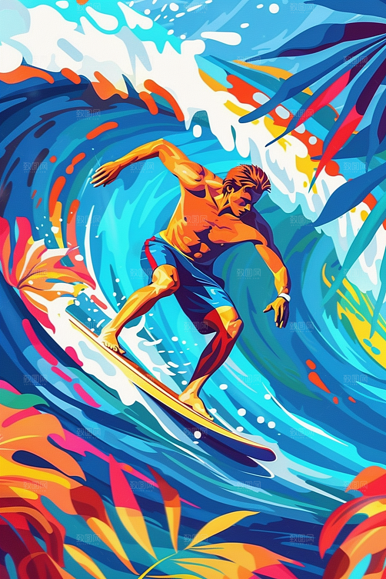 扁平风冲浪自然手绘插画