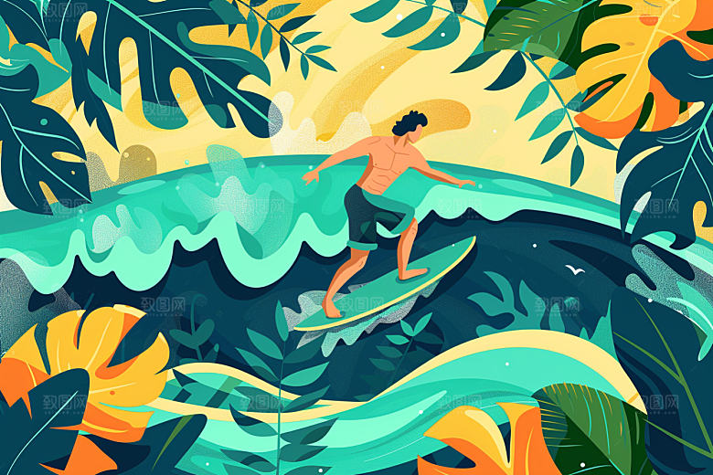 扁平风冲浪画报风海边插画