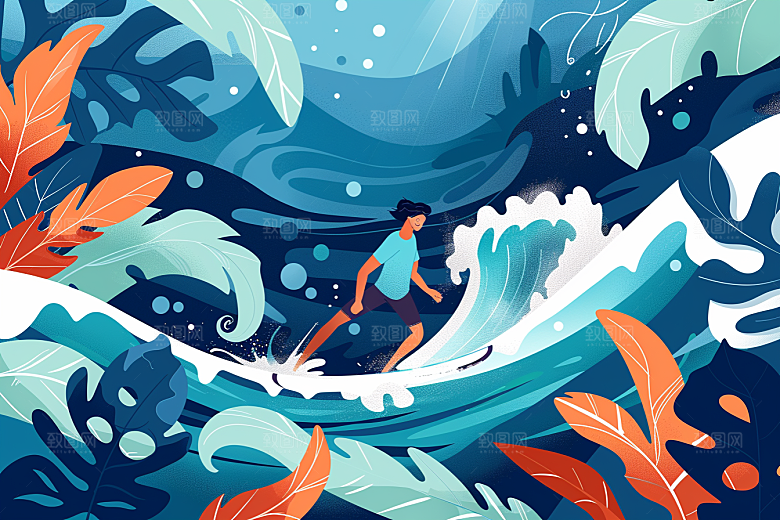 扁平风冲浪夏天玩水插画