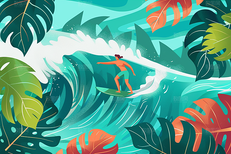 扁平风冲浪水上运动高清插画