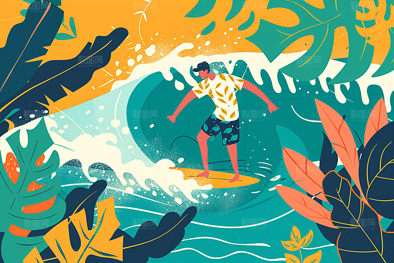 扁平风冲浪体育夏天插画