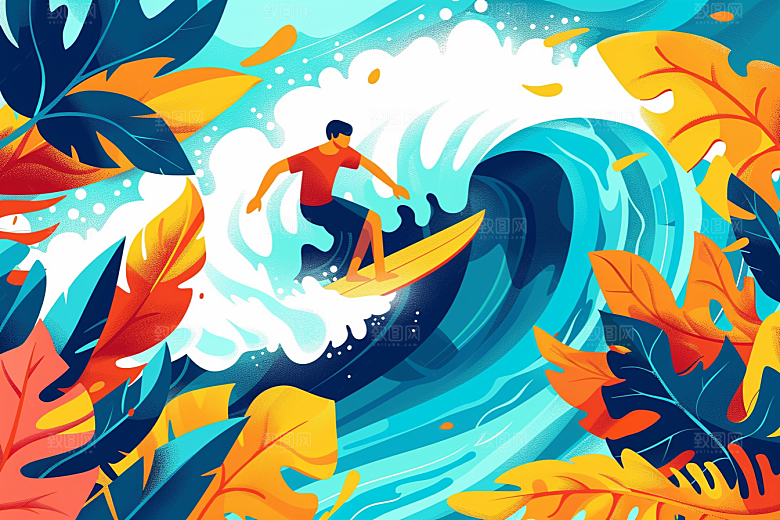 扁平风冲浪画报风玩水插画
