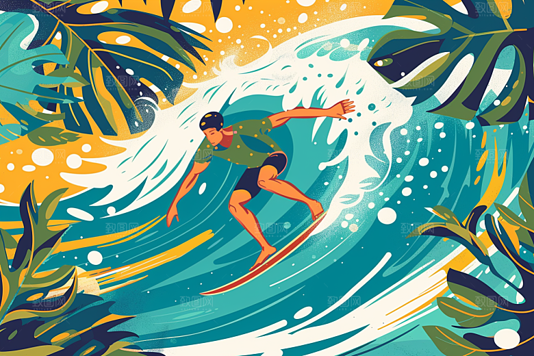扁平风冲浪夏天海浪插画
