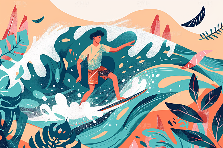 扁平风冲浪戏水海边插画
