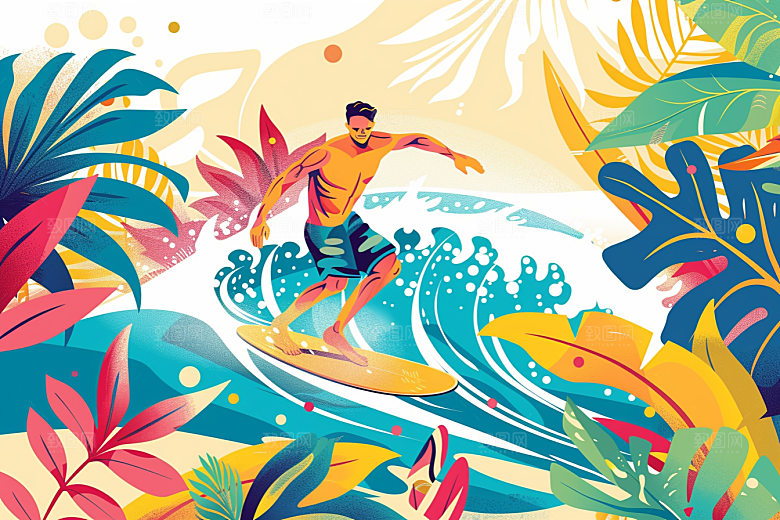 扁平风冲浪玩水画报风插画