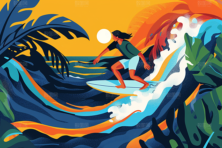 扁平风冲浪清新高清插画