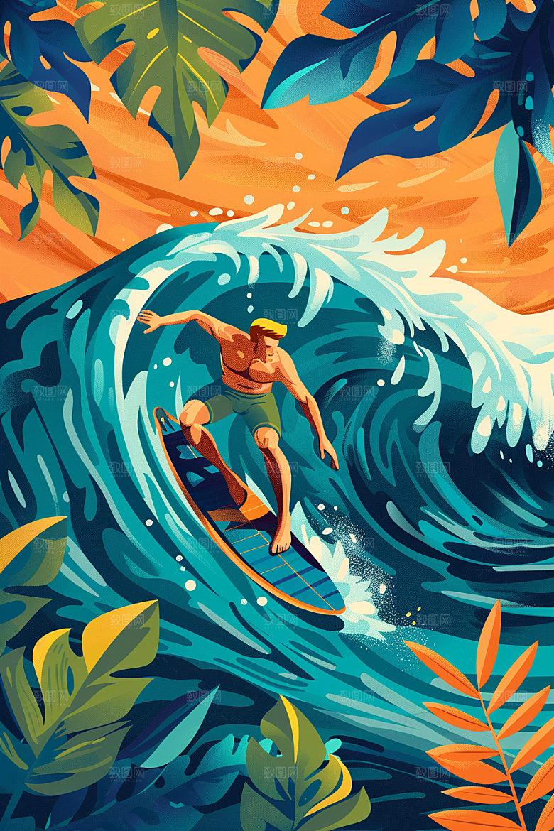扁平风冲浪玩水夏天插画