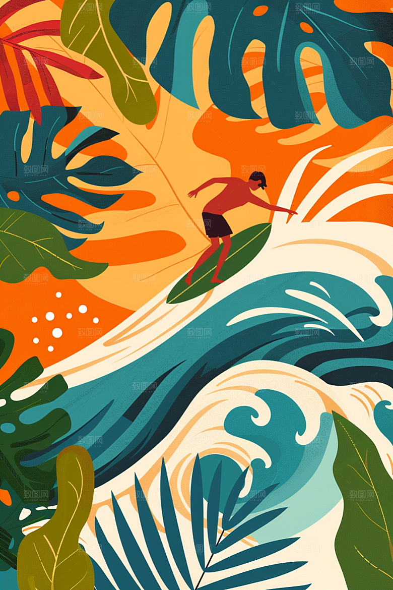 扁平风冲浪自然水上运动插画