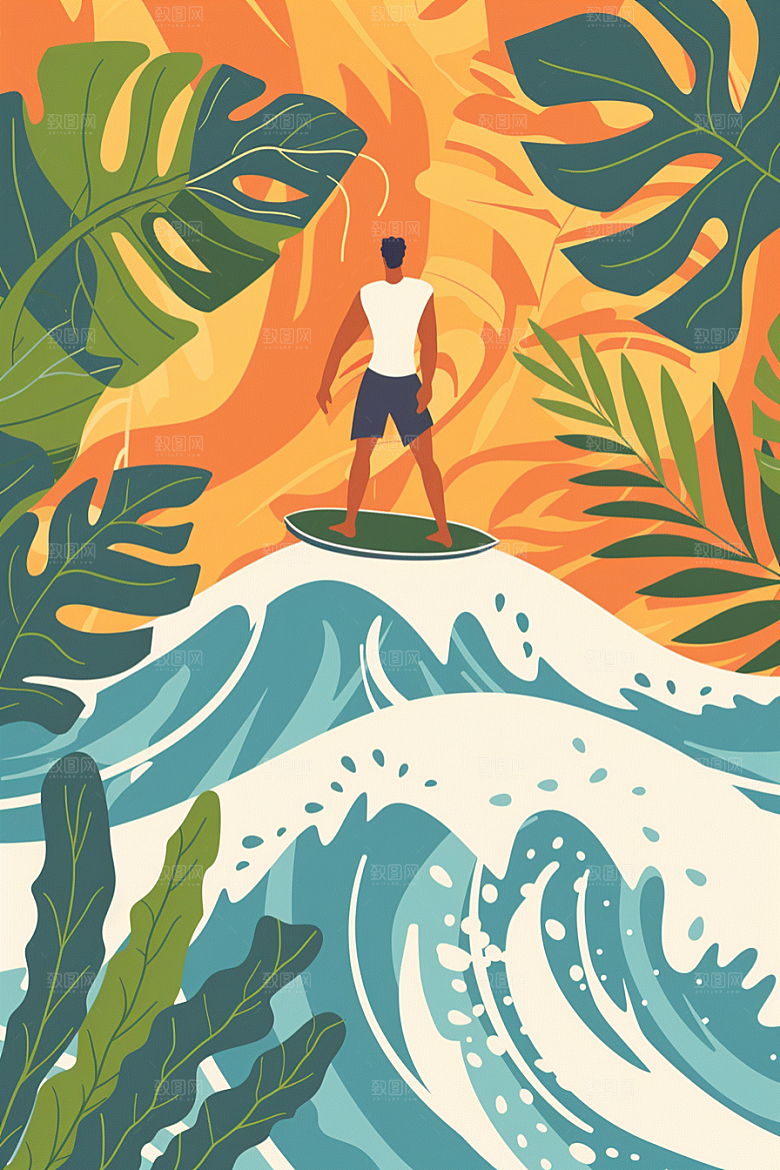 扁平风冲浪海浪简约插画