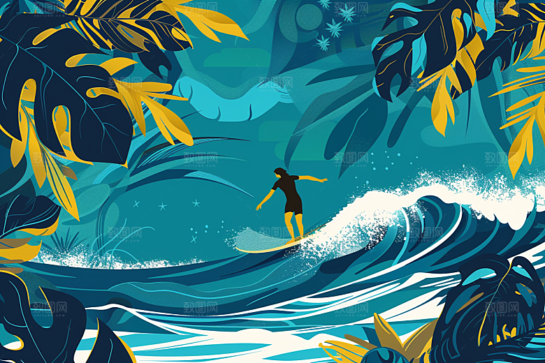 扁平风冲浪自然夏天插画