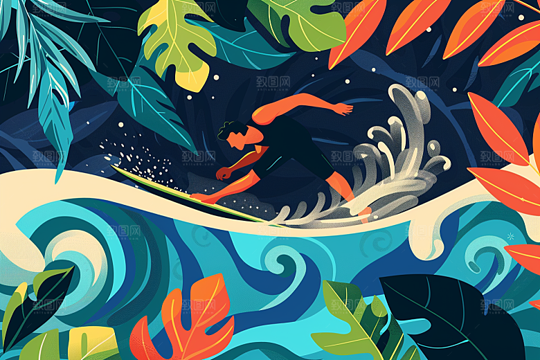 扁平风冲浪海边手绘插画