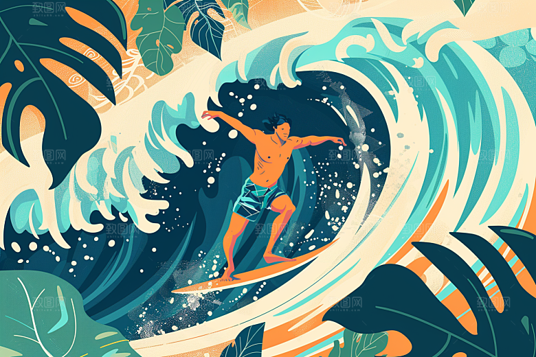 扁平风冲浪清新夏天插画