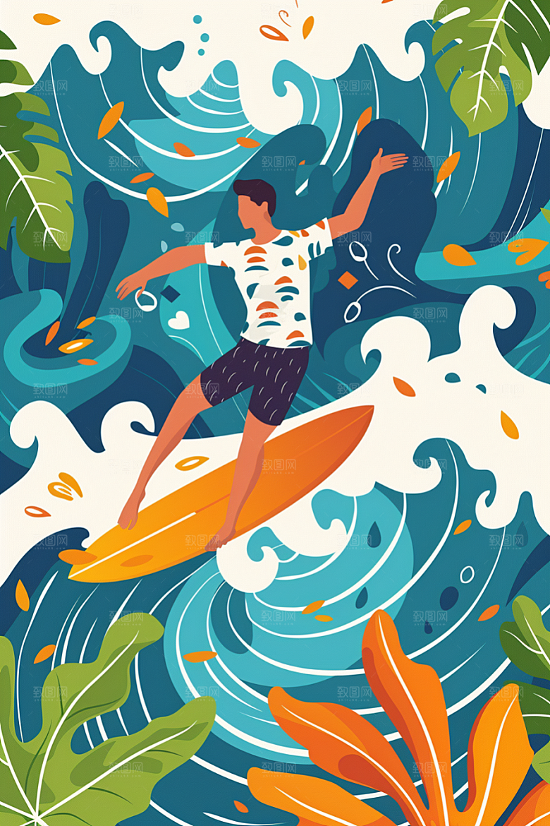 扁平风冲浪海边高清插画