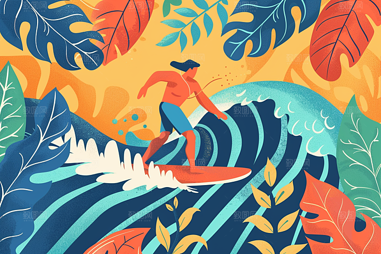 扁平风冲浪简约体育插画