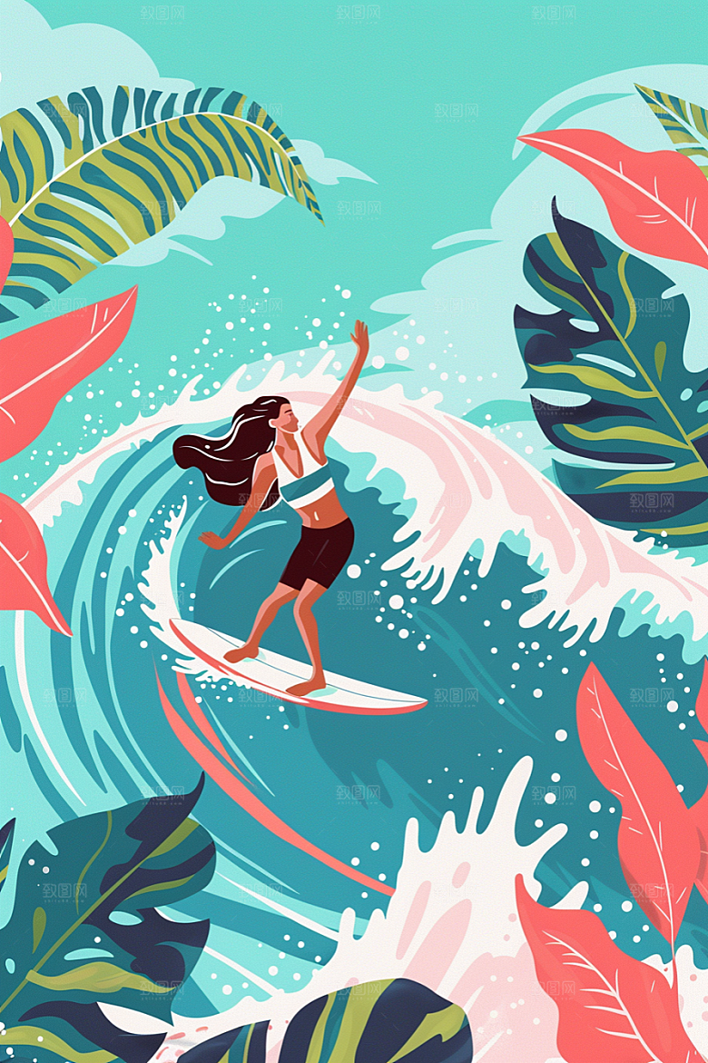 扁平风冲浪夏天玩水插画