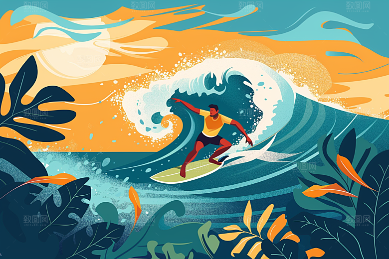 扁平风冲浪夏天海浪插画
