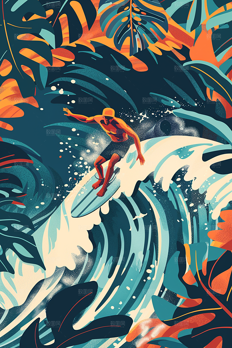 扁平风冲浪海边海浪插画