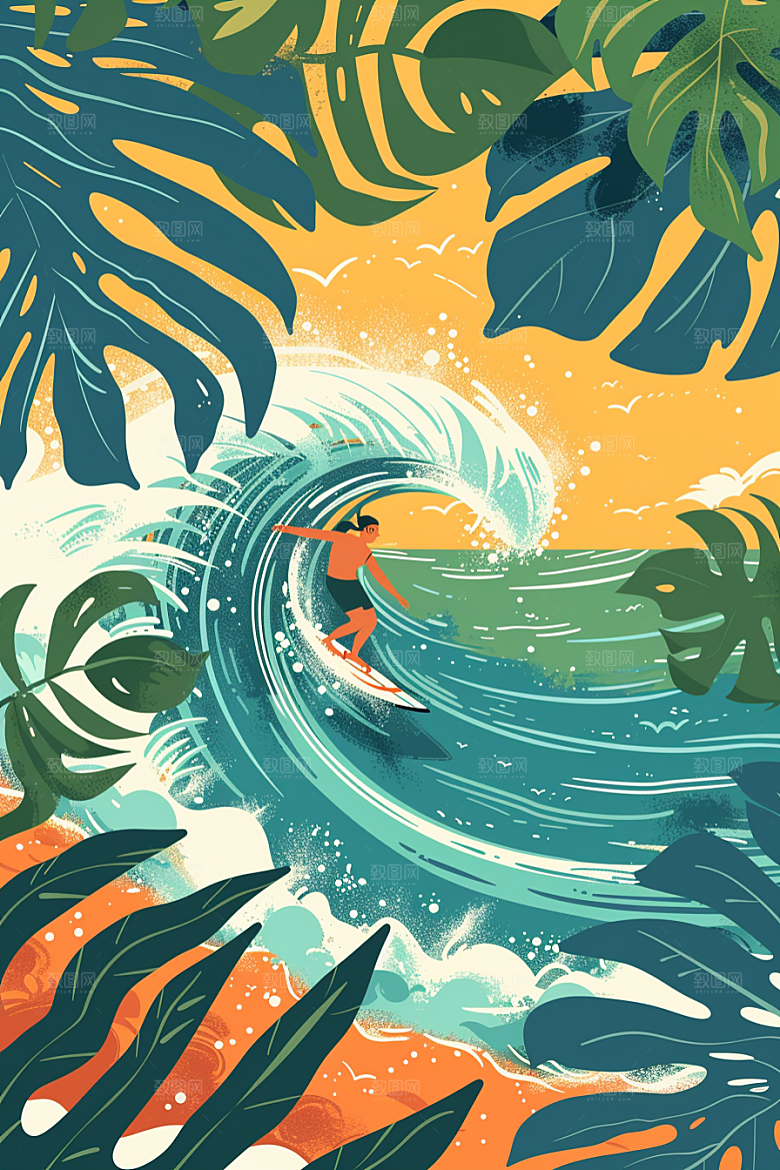 扁平风冲浪玩水画报风插画