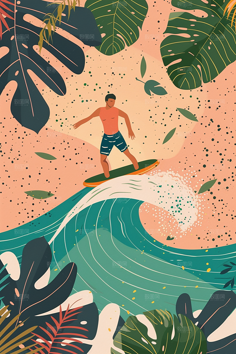 扁平风冲浪海浪自然插画