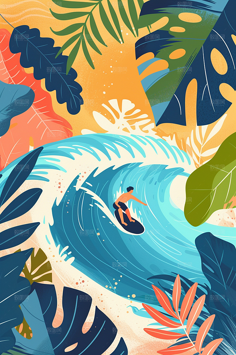 扁平风冲浪戏水海浪插画